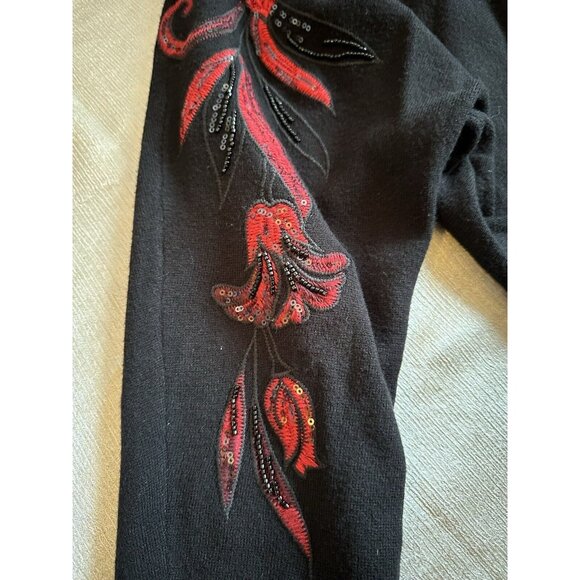 STUNNING Chico's Sweater Black Red Floral Embroidered Christmas Holiday Sz 3 XL‎ - Picture 7 of 16